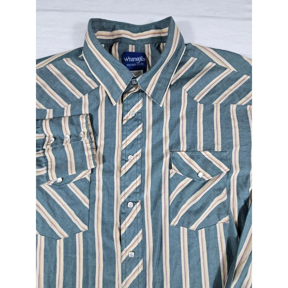 Wrangler Western Shirt Mens 2XLT Pearl Snap Teal Tan Striped Long Sleeve 75951PP